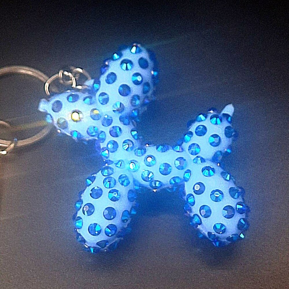 Bedazzled Balloon Dog Keychain,Medium Blue Dog with Bright Blue Stones